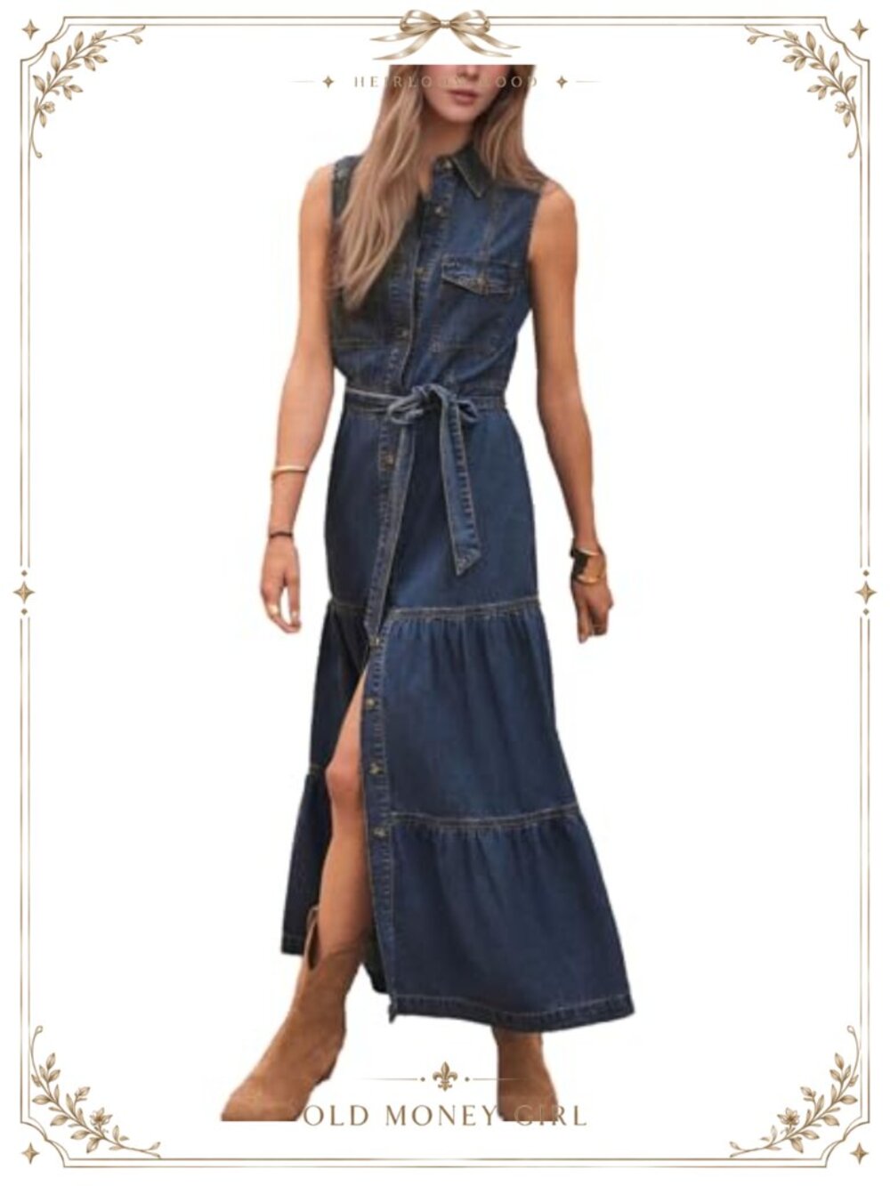 Sleeveless Denim Shirt Dress Button Down A Line Tie Waist Tiered Midi
